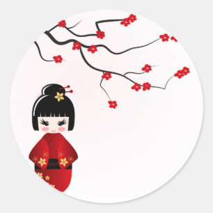 Kokeshi doll under sakura branch classic round sticker