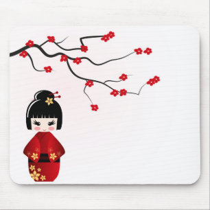Kokeshi doll under sakura branch mouse mat
