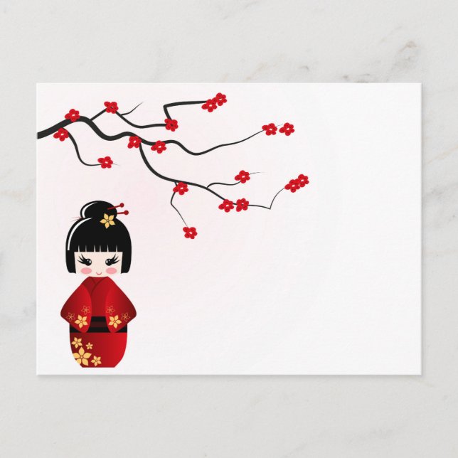 Kokeshi doll under sakura branch postcard (Front)