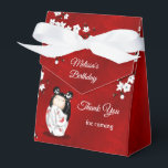 Kokeshi Doll White Red Birthday Thank You Favour Box<br><div class="desc">A cute kokeshi doll in a white kimono with red butterflies. With white cherry blossoms on a shimmering red background and a custom thank you birthday text for girl´s birthday´s.</div>