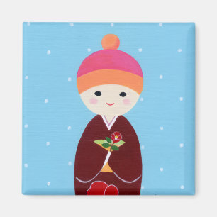 Kokeshi Doll with Camellia Magnet
