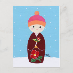 Kokeshi Doll with Camellia Postcard