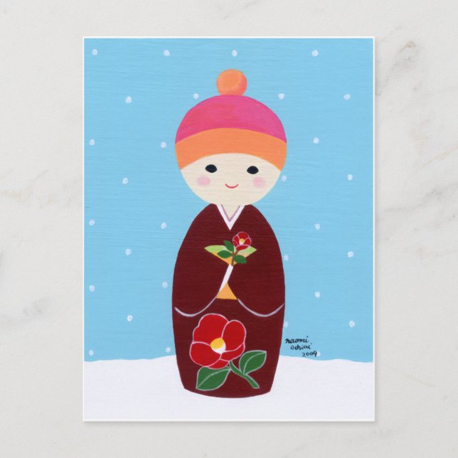 Kokeshi Doll with Camellia Postcard (Front)