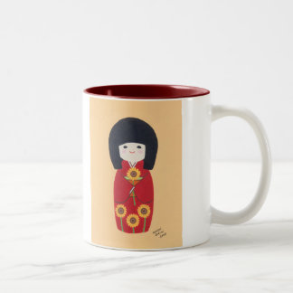 Kokeshi Doll with Sunflower Two-Tone Coffee Mug