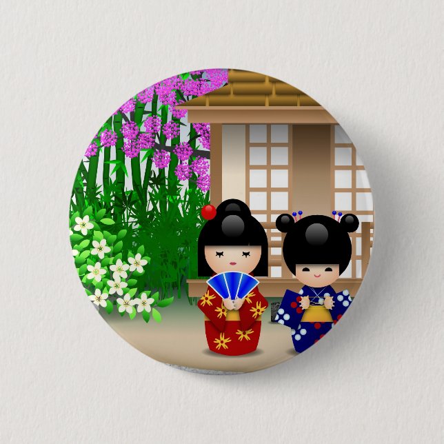 Kokeshi Dolls and Teahouse 6 Cm Round Badge (Front)