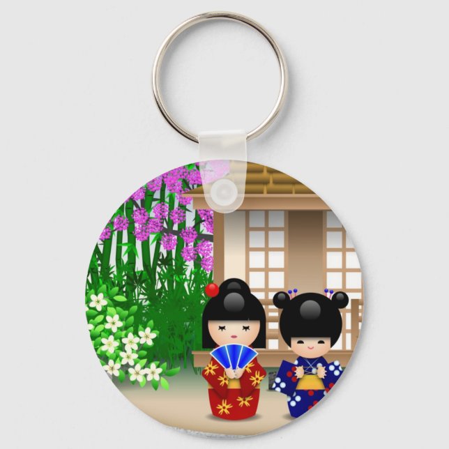 Kokeshi Dolls and Teahouse Key Ring (Front)