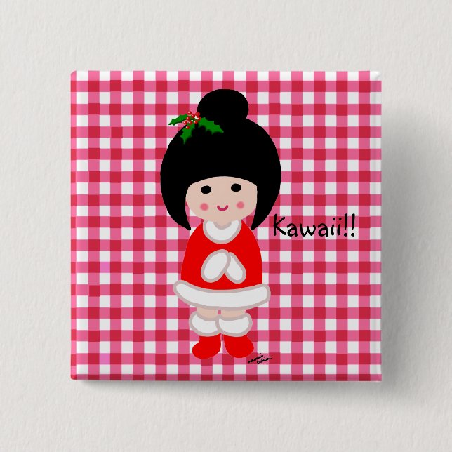Kokeshi Girl Christmas 15 Cm Square Badge (Front)