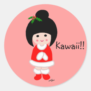 Kokeshi Girl Christmas Classic Round Sticker