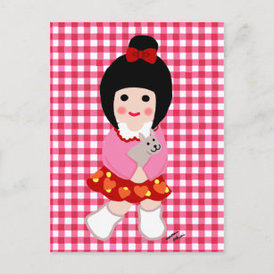 Kokeshi Girl with her Puppy Postcard