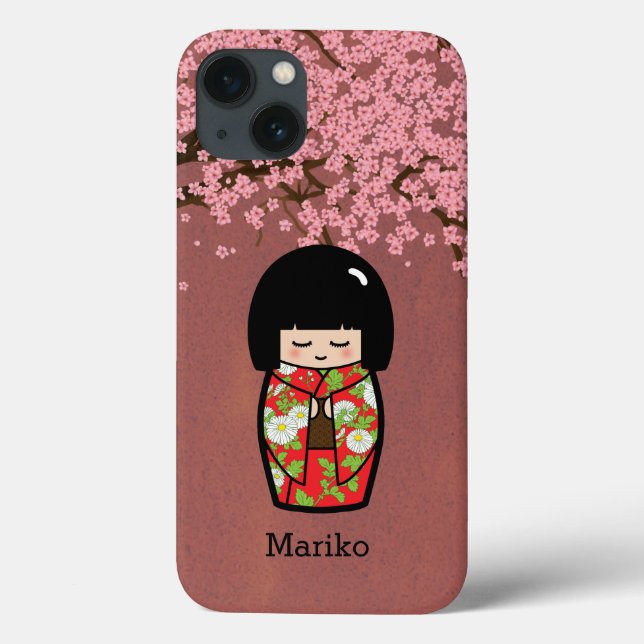 Kokeshi Japanese Doll in Red Kimono with Sakura Case-Mate iPhone Case (Back)