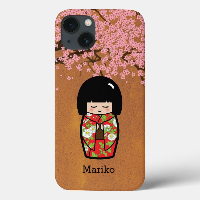 Kokeshi Japanese Doll in Red Kimono with Sakura Case-Mate iPhone Case (Back)