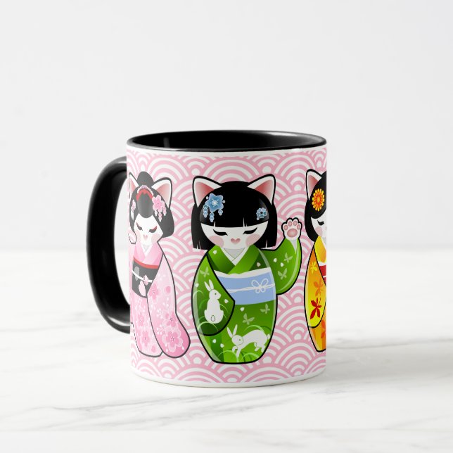 Kokeshi Maneki Neko Japanese Lucky Cat Four Season Mug (Front Left)