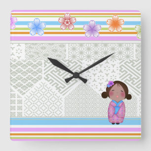 kokeshi sakura square wall clock