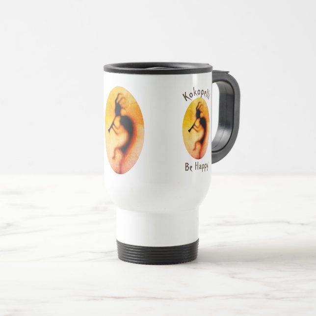 Kokopelli Be Happy Inspirational  Travel Mug (Front Right)