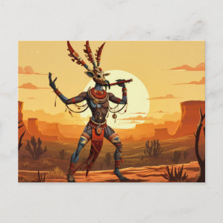 Kokopelli Dancing Playing Flute On Desert Plateau Postcard