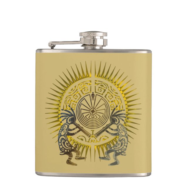 Kokopelli Duo - Man In The Maze - Sun 1 Hip Flask (Front)