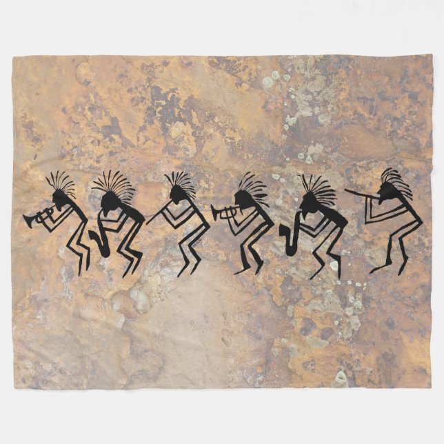 Kokopelli Horn and Flute Player Petroglyph Fleece Blanket (Front (Horizontal))