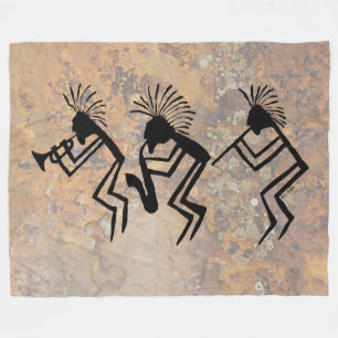 Kokopelli Horn and Flute Player Petroglyph Fleece Blanket