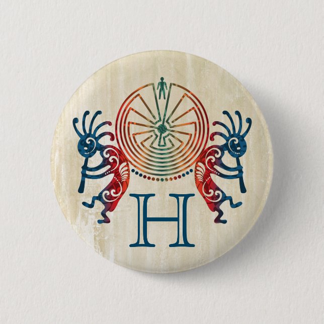 KOKOPELLI / MAN IN THE MAZE + your monogram 6 Cm Round Badge (Front)