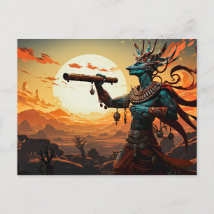 Kokopelli Playing Flute In Rocky  Hills Of Desert Postcard