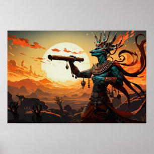 Kokopelli Playing Flute In Rocky  Hills Of Desert Poster