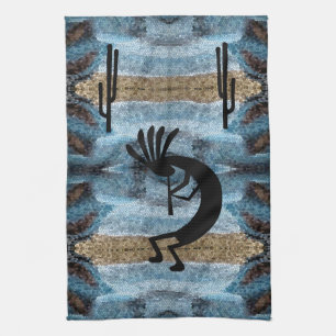 Kokopelli Southwest Desert Blue 2 Mosaic Tea Towel