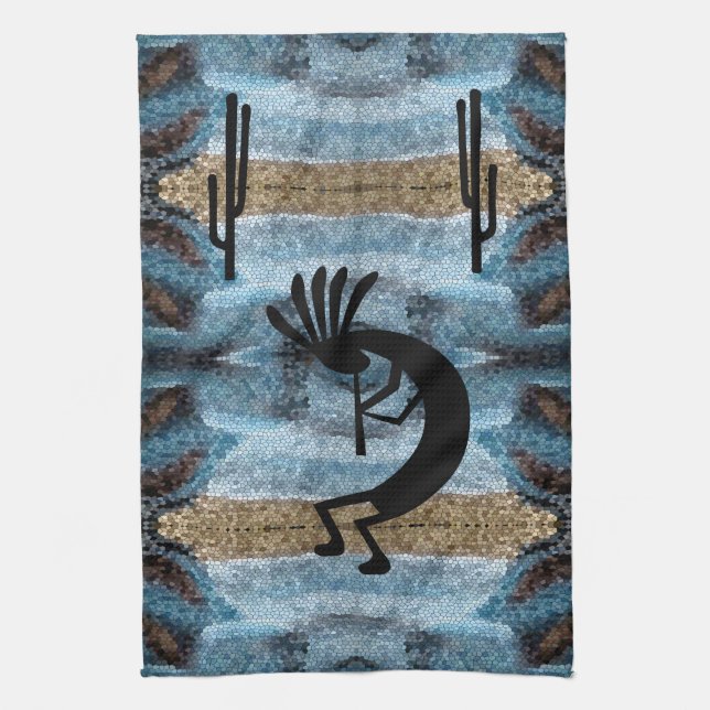 Kokopelli Southwest Desert Blue 2 Mosaic Tea Towel (Vertical)