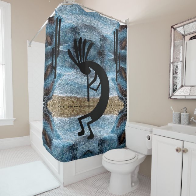 Kokopelli Southwest Desert Blue Mosaic 2 Shower Curtain (In Situ)