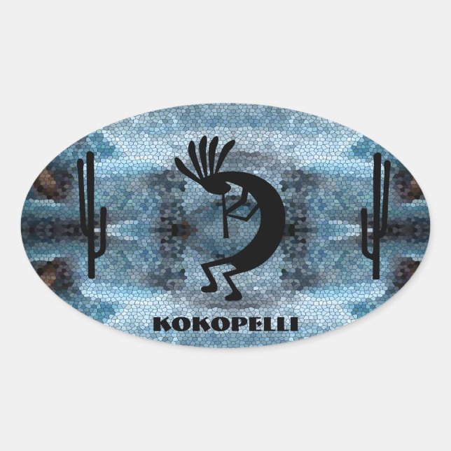 Kokopelli Southwest Desert Mosaic 2 Oval Sticker (Front)
