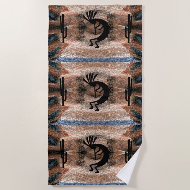 Kokopelli Southwest Desert Mosaic Beach Towel (Front)