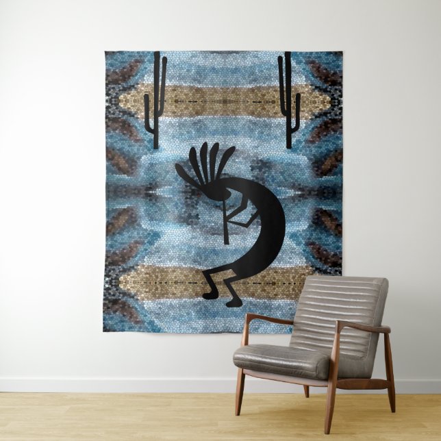 Kokopelli Southwest Desert Mosaic Blue 68 x 80 Tapestry (In Situ)