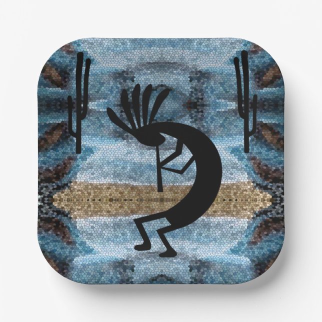 Kokopelli Southwest Desert Mosaic Blue 7" Paper Plate (Front)