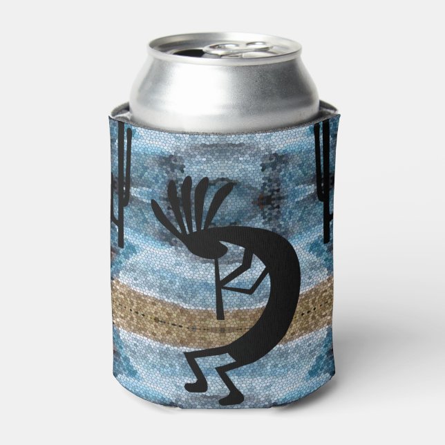 Kokopelli Southwest Desert Mosaic Blue Can Cooler (Can Front)