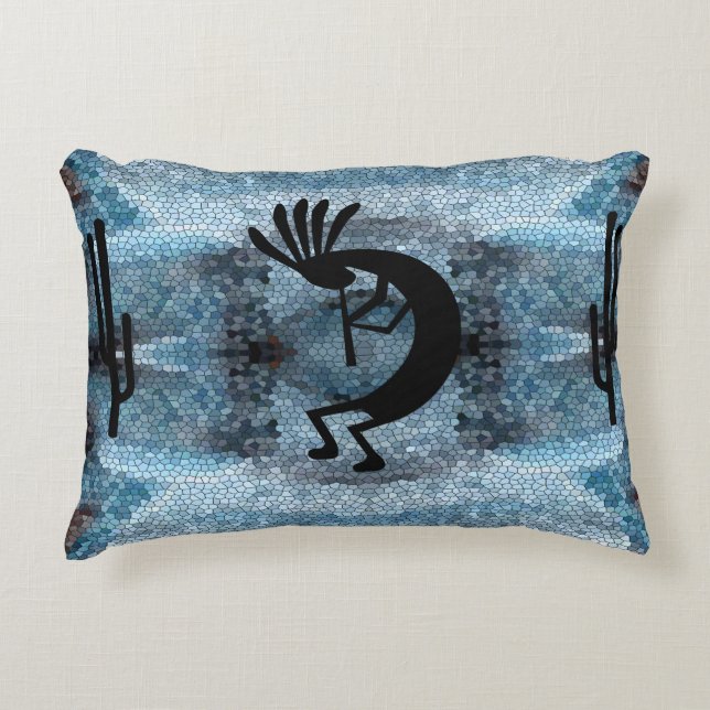 Kokopelli Southwest Desert Mosaic Blue Decorative Cushion (Front)