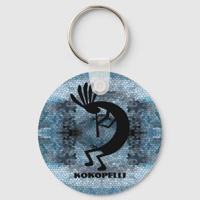 Kokopelli Southwest Desert Mosaic Blue Key Ring (Front)
