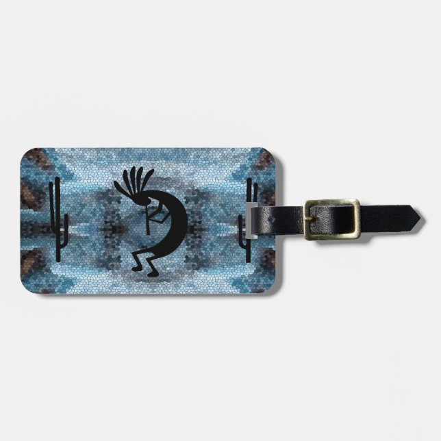 Kokopelli Southwest Desert Mosaic Blue Luggage Tag (Front Horizontal)