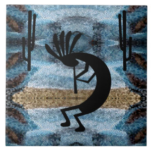 Kokopelli Southwest Desert Mosaic L Blue Tile