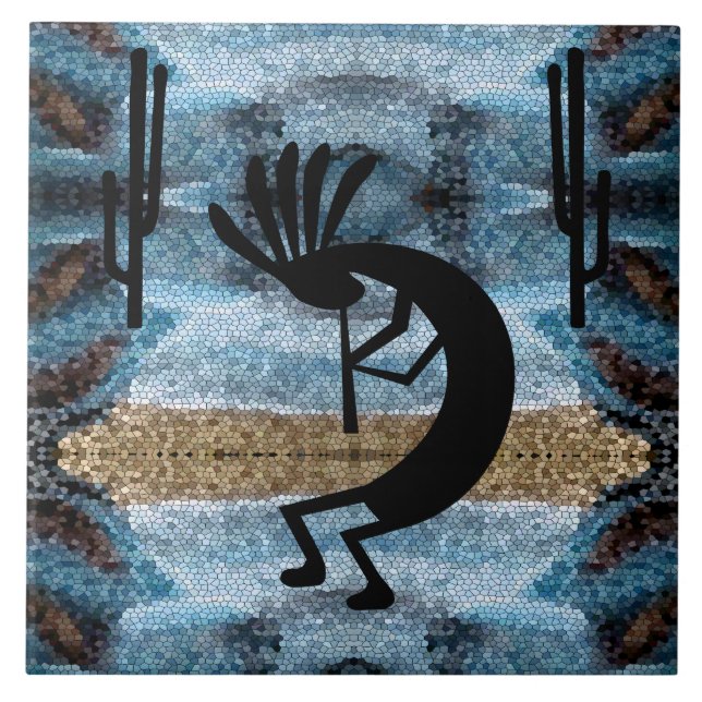 Kokopelli Southwest Desert Mosaic L Blue Tile (Front)