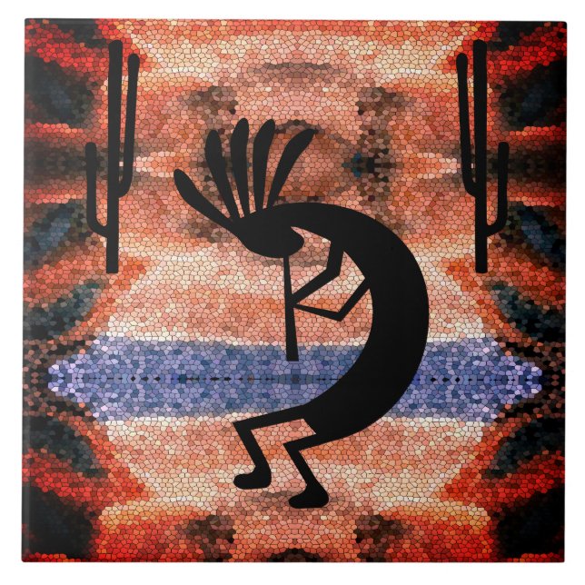 Kokopelli Southwest Desert Mosaic Sunset 6" Tile (Front)