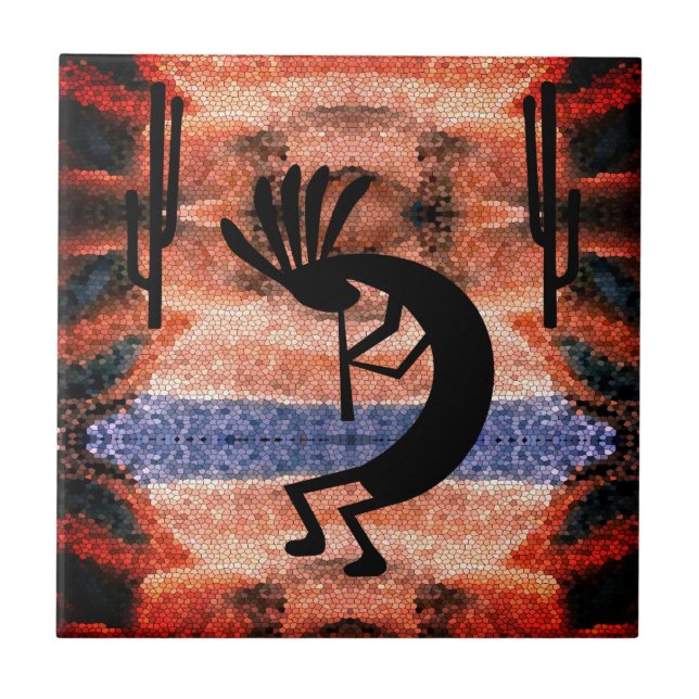 Kokopelli Southwest Desert Mosaic Sunset Ceramic T Tile (Front)
