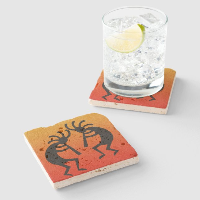 Kokopelli Southwest Sunset Rustic Travertine Stone Coaster (Side)