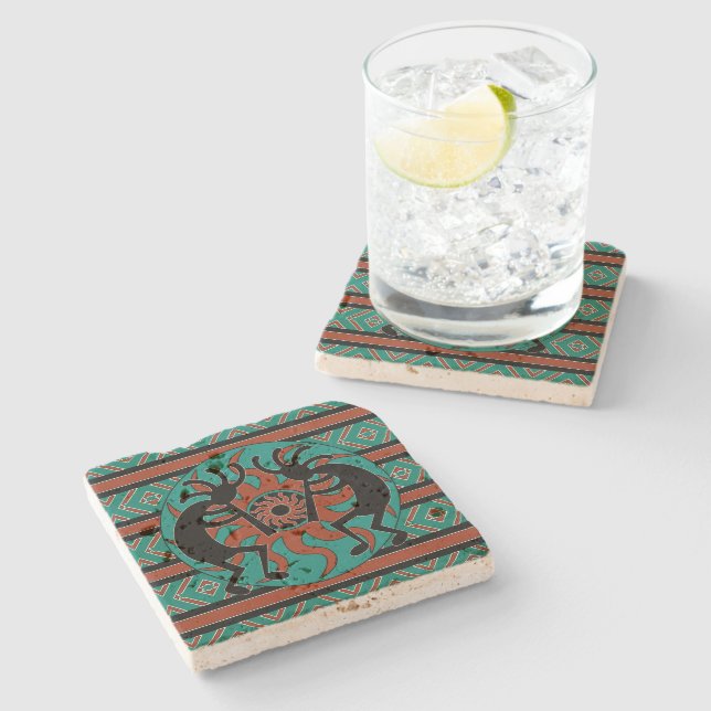 Kokopelli Southwest Turquoise Rustic Stone Coaster (Side)
