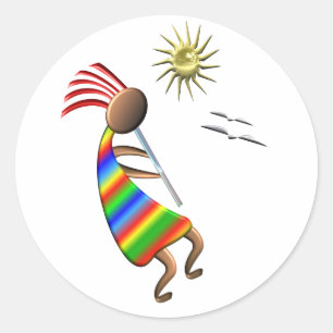 Kokopelli Sun and Birds Classic Round Sticker