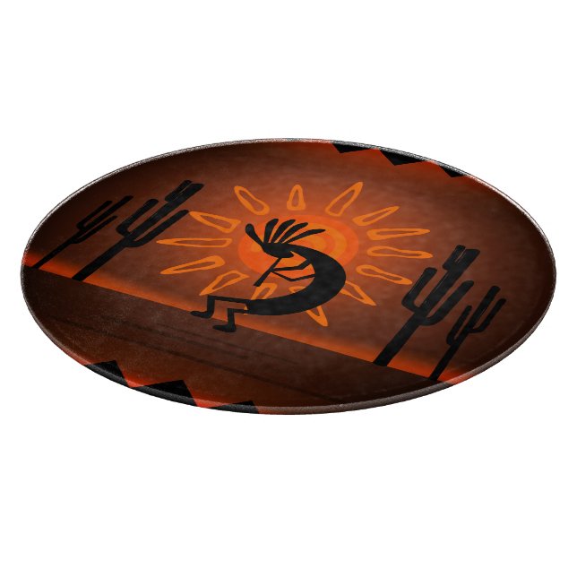 Kokopelli Sun Bronzed Sunset Desert 12" Round Cutting Board (Corner)