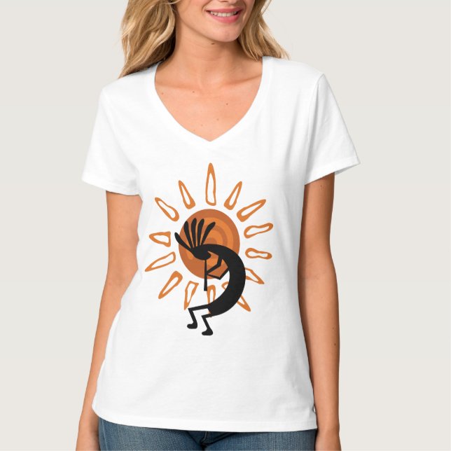 Kokopelli Sun Ladies V-neck T-Shirt (Front)
