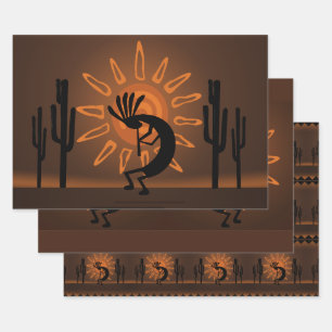 Kokopelli Sun Southwest Rustic Brown  Wrapping Paper Sheet