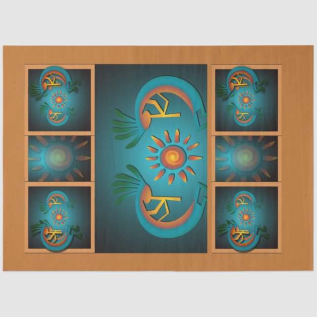 Kokopelli Sun Southwest Turquoise Decoupage Tissue Paper (Front)