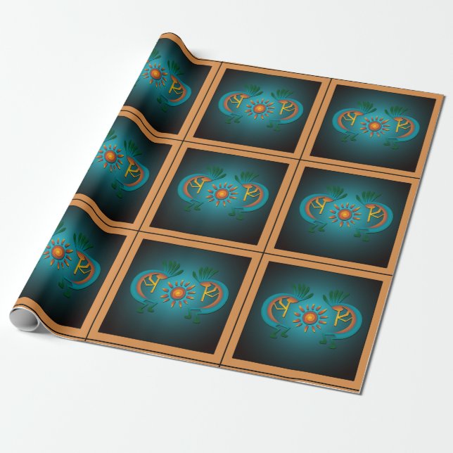 Kokopelli Sun Southwest Turquoise Wrapping Paper (Unrolled)