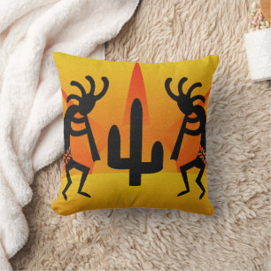 Kokopelli With Cactus In Sunset Southwestern Cushion