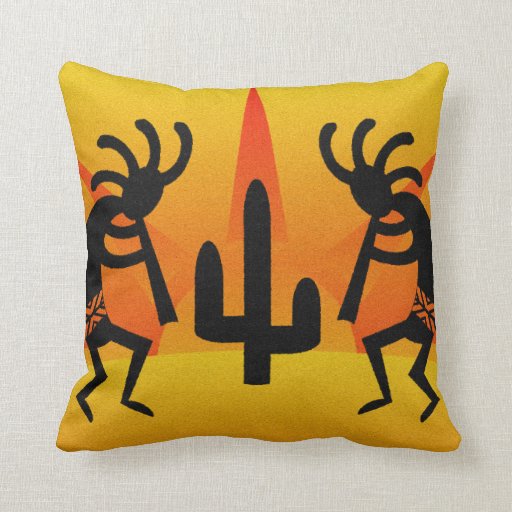Image of Kokopelli With Cactus In Sunset Southwestern Cushion